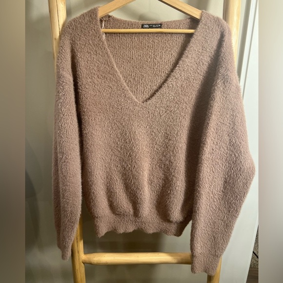 Zara S V-Neck taupe Soft Fuzzy Oversized pullover knit Sweater Minimalist - Picture 8 of 9